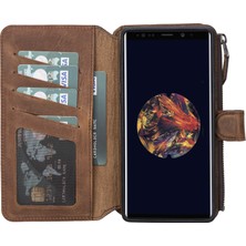 Burkley Samsung Galaxy Note 9 Antik Kahverengi Fermuarlı Deri Cüzdan Telefon Kılıfı