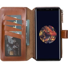 Burkley Samsung Galaxy Note 9 Efektli Kahverengi Fermuarlı Deri Cüzdan Telefon Kılıfı