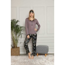 Pijamoni Kadın Pijama Takım Uzun Kol 4 Düğmeli Dantel Yaka Mor