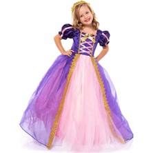 Peoniakids Rapunzel Kız Çocuk Elbise - Taçlı Pelerinli Tarlatanlı Rapunzel Kostüm - Disney Kostüm