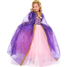 Peoniakids Rapunzel Kız Çocuk Elbise - Taçlı Pelerinli Tarlatanlı Rapunzel Kostüm - Disney Kostüm