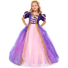 Peoniakids Rapunzel Kız Çocuk Elbise - Taçlı Pelerinli Tarlatanlı Rapunzel Kostüm - Disney Kostüm