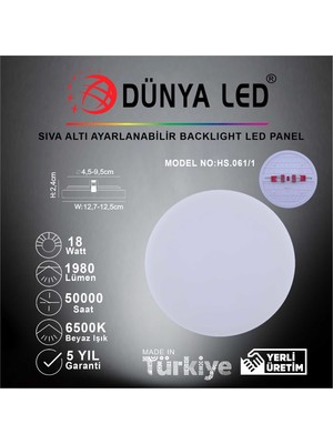 Dünya LED HS.061/1 18W Sıva Altı Backlight LED Panel 6500K Beyaz Işık