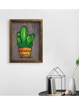 Bk Gift Kaktüs Tasarımlı Doğal Masif Ahşap Çerçeveli Tablo 45X65CM-1