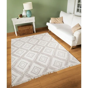 Duo Beyaz Bej Yıkanabilir Çift Taraflı Balkon Halısı Geometrik Yazlık Dokuma Halı ve Kilim