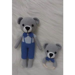 Oyuncak Park Gri Şık Ayıcık ve Çıngırak Amigurumi Organik Oyuncak