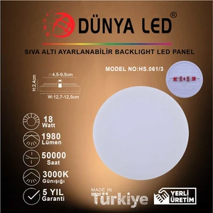 Dünya LED HS.061/3 18W Sıva Altı Backlight LED Panel 3000K Günışığı,