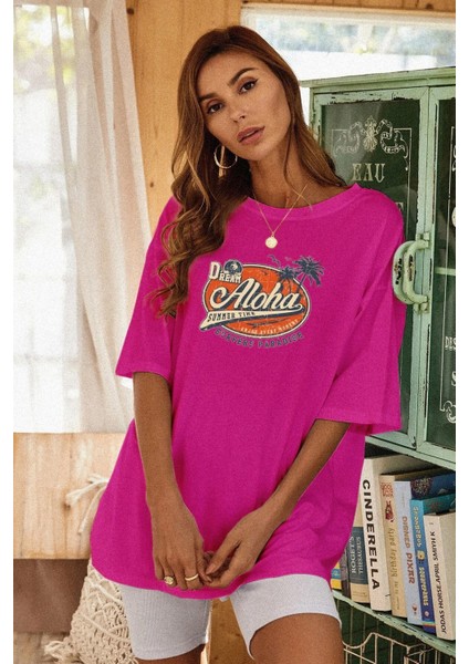 Fuşya Oversize Aloha Baskılı Kadın T-Shirt