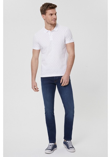 Polo Yaka Kısa Kol Dar KalıpDesenli Mixed Beyaz Erkek T-Shirt