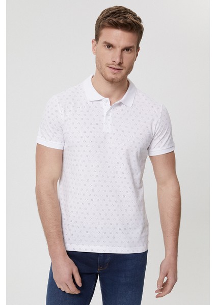 Polo Yaka Kısa Kol Dar KalıpDesenli Mixed Beyaz Erkek T-Shirt