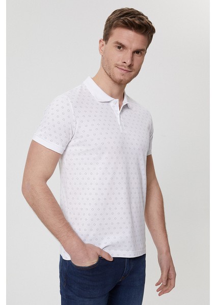 Polo Yaka Kısa Kol Dar KalıpDesenli Mixed Beyaz Erkek T-Shirt