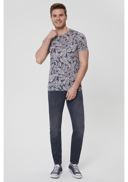 Bisiklet Yaka Desenli Mavi Erkek T-Shirt