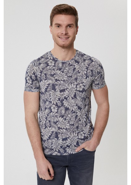 Bisiklet Yaka Desenli Mavi Erkek T-Shirt fiyatları