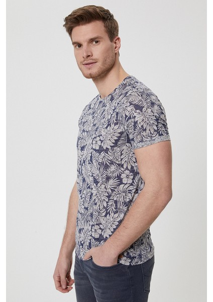 Bisiklet Yaka Desenli Mavi Erkek T-Shirt modelleri