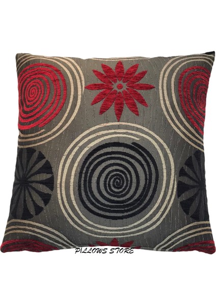 Çiçek Desenli Kırmızı-Siyah Kırlent Kılıfı 45CM*45CM