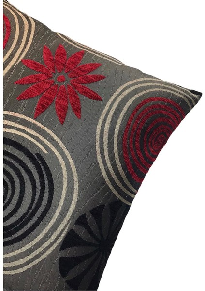 Çiçek Desenli Kırmızı-Siyah Kırlent Kılıfı 45CM*45CM