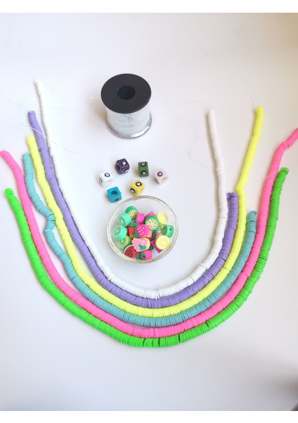 6 Renk Fimo Boncuk 6 Mm, 10 Adet Desenli Fimo 6 Adet Nazarlı Misinalı Set