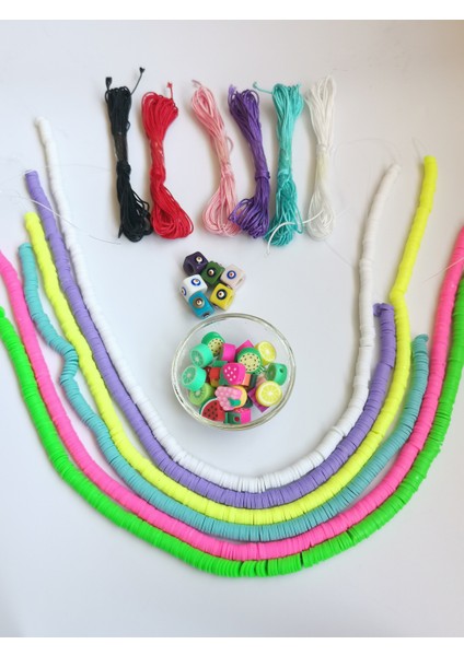 6 Renk Fimo Boncuk 6 Mm, 10 Adet Desenli Fimo 6 Adet Nazarlı Boncuk Ipli Set