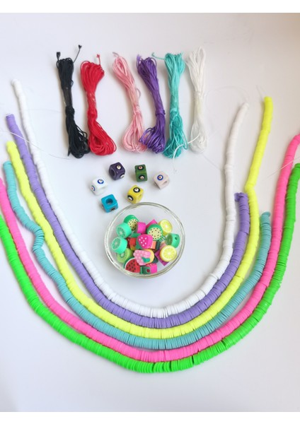 6 Renk Fimo Boncuk 6 Mm, 10 Adet Desenli Fimo 6 Adet Nazarlı Boncuk Ipli Set