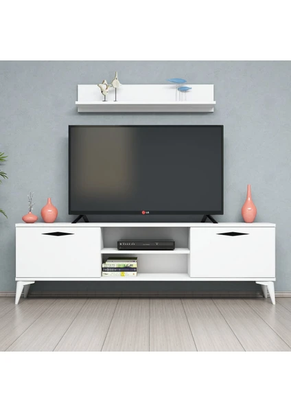 FERNISO 160CM Beyaz Tv Sehpası Raflı