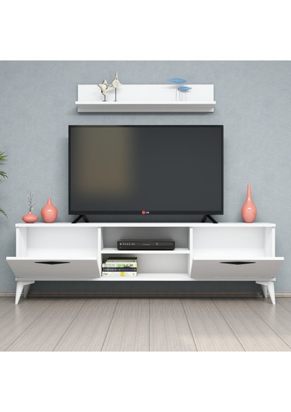 FERNISO 160CM Beyaz Tv Sehpası Raflı