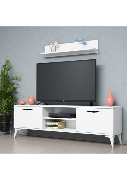 FERNISO 160CM Beyaz Tv Sehpası Raflı