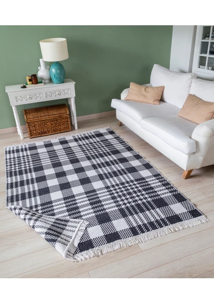 Duo Beyaz Siyah Çift Taraflı Yıkanabilir Dokuma Kilim 22991A