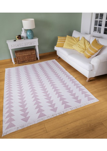 Duo Beyaz Pembe Çift Taraflı Yıkanabilir Dokuma Kilim 22994A