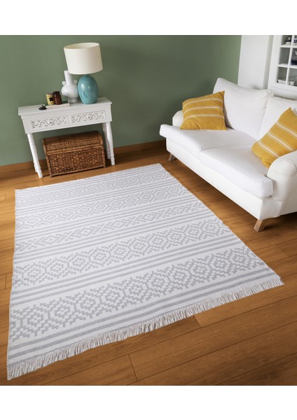 Duo Beyaz Gri Çift Taraflı Yıkanabilir Dokuma Kilim 22996A