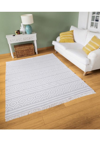 Duo Beyaz Gri Çift Taraflı Yıkanabilir Dokuma Kilim 22996A