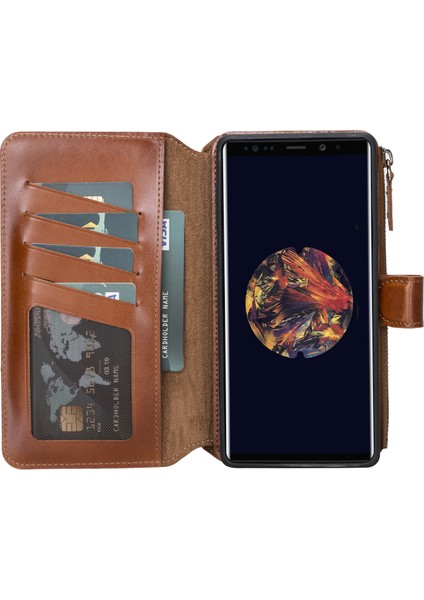 Samsung Galaxy Note 9 Efektli Kahverengi Fermuarlı Deri Cüzdan Telefon Kılıfı fiyatları