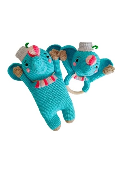 Mavi Fil Set Takımı Amigurumi Organik Oyuncak