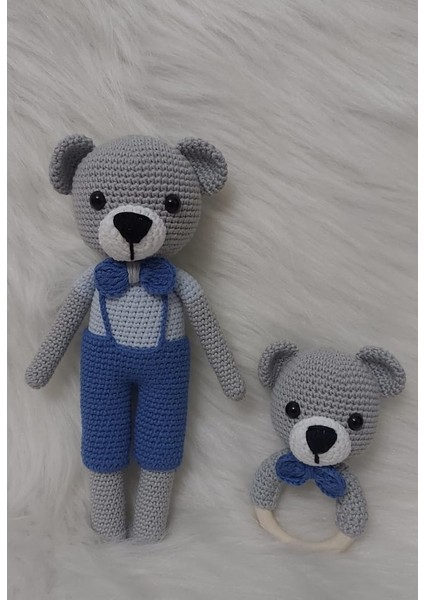 Gri Şık Ayıcık ve Çıngırak Amigurumi Organik Oyuncak