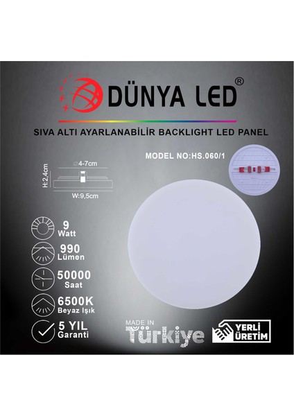 Dünya LED HS.060/1 9W Sıva Altı Backlight LED Panel 6500K Beyaz Işık