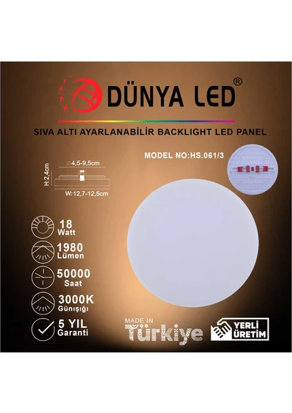 Dünya LED HS.061/3 18W Sıva Altı Backlight LED Panel 3000K Günışığı,