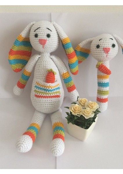Şapşik Tavşan Uyku Arkadaşı ve Çıngırak Amigurumi Organik Oyuncak