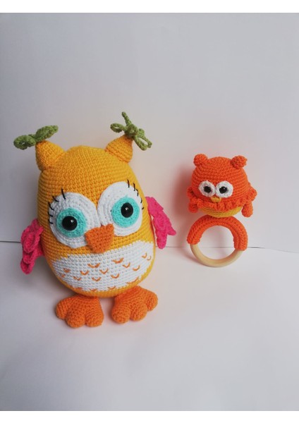 Baykuş Uyku Arkadaşı ve Çıngırak Amigurumi Organik Oyuncak