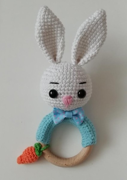 Şirin Tavşan Diş Kaşıyıcılı Çıngırak Amigurumi Organik Oyuncak