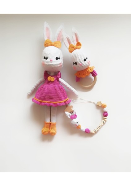Bayan Tavşan Yenidoğan Seti Amigurumi Organik Oyuncak