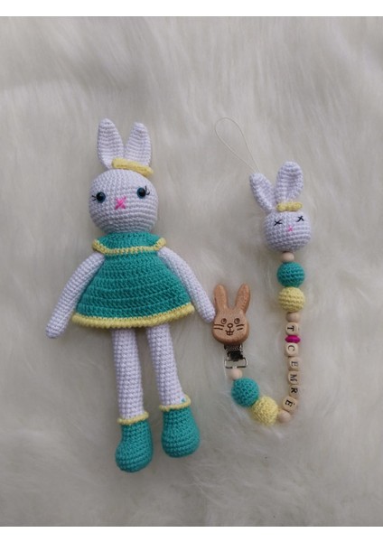 Şirin Tavşan Uyku Arkadaşı ve Emzik Zinciri Amigurumi Organik Oyu