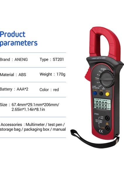 ST201 Dijital Kelepçe Multimetre 4000 Sayımlar (Yurt Dışından)