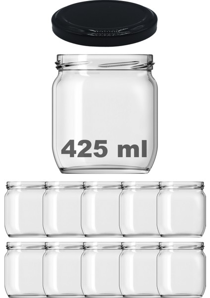 425 cc Kavanoz Metal Siyah Konserve Kapaklı 425 ml Şeffaf Cam Kavanoz 10 Adet
