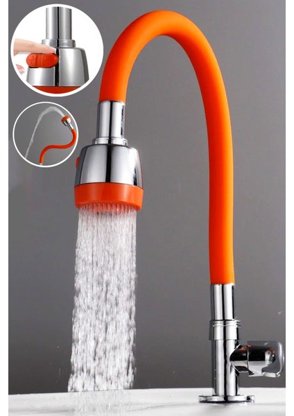 Oynar Başlıklı Tasarruflu Silikon Musluk Başlığı Kubar Çift Fonksiyonlu Turuncu