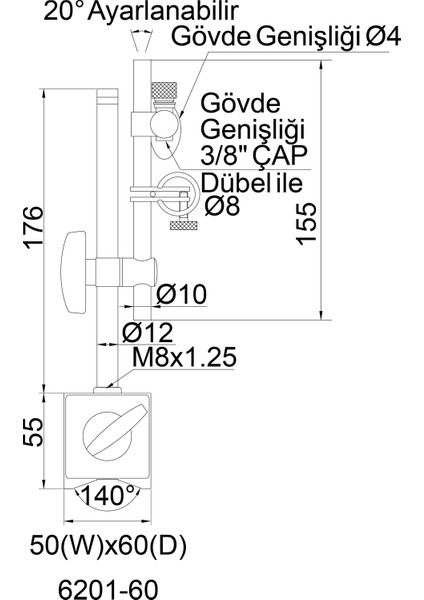 Insıze 6201-60 Hassas Ayarlı Manyetik Komparatör Standı