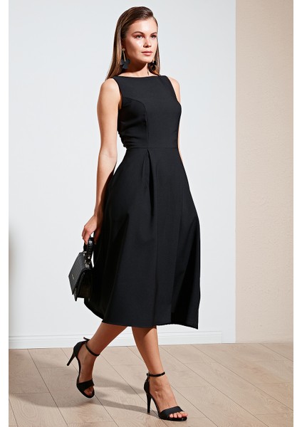 Bisiklet Yaka Cepli Pileli Midi Elbise Kadın Elbise 6051963 modelleri