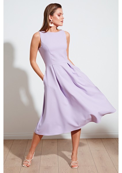 Bisiklet Yaka Cepli Pileli Midi Elbise Kadın Elbise 6051963