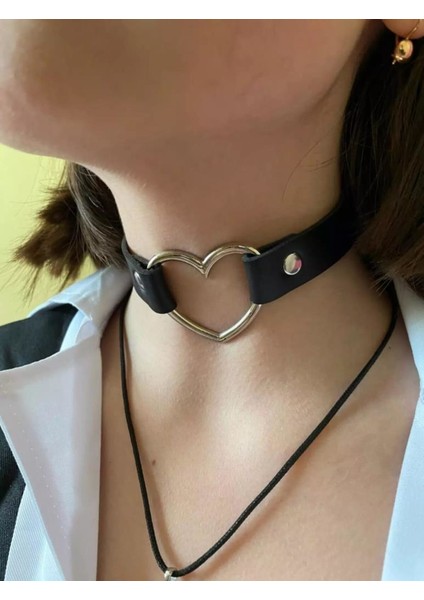 Siyah Deri Tasma Kalp 35 cm Choker Bayan Kolye Takı