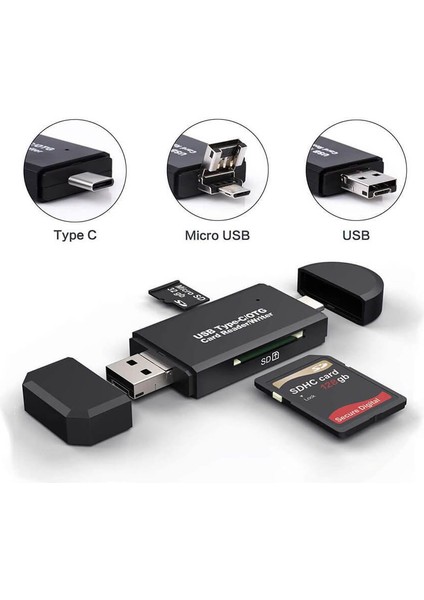 Type C / Micro USB / USB Çoklu Kart Okuyucu - Otg Çevirici Siyah fiyatları
