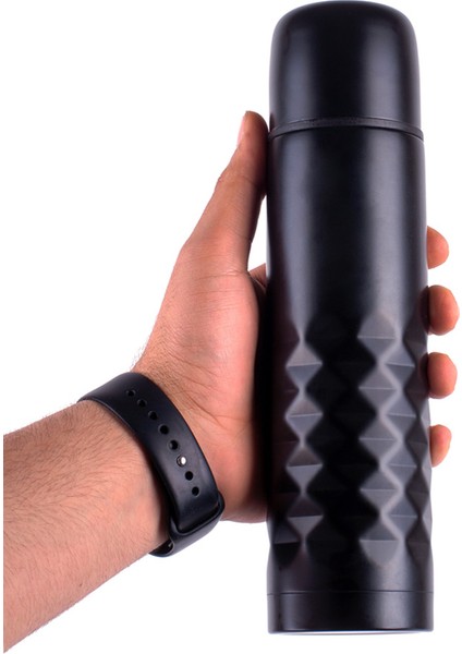 Çift Katlı Kapaklı Siyah Çelik Termos Matara 0.50 Litre