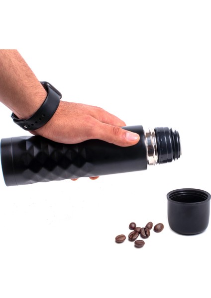 Çift Katlı Kapaklı Siyah Çelik Termos Matara 0.50 Litre